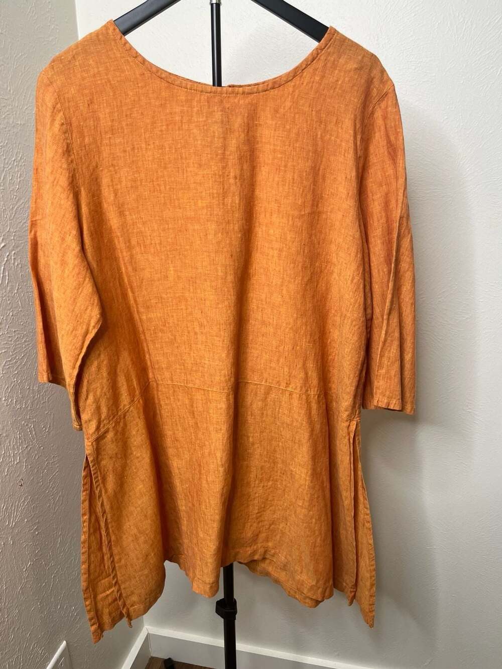 FLAX Orange 100% Linen 3/4 Sleeve Lagenlook Asymmetrical Tunic Top
